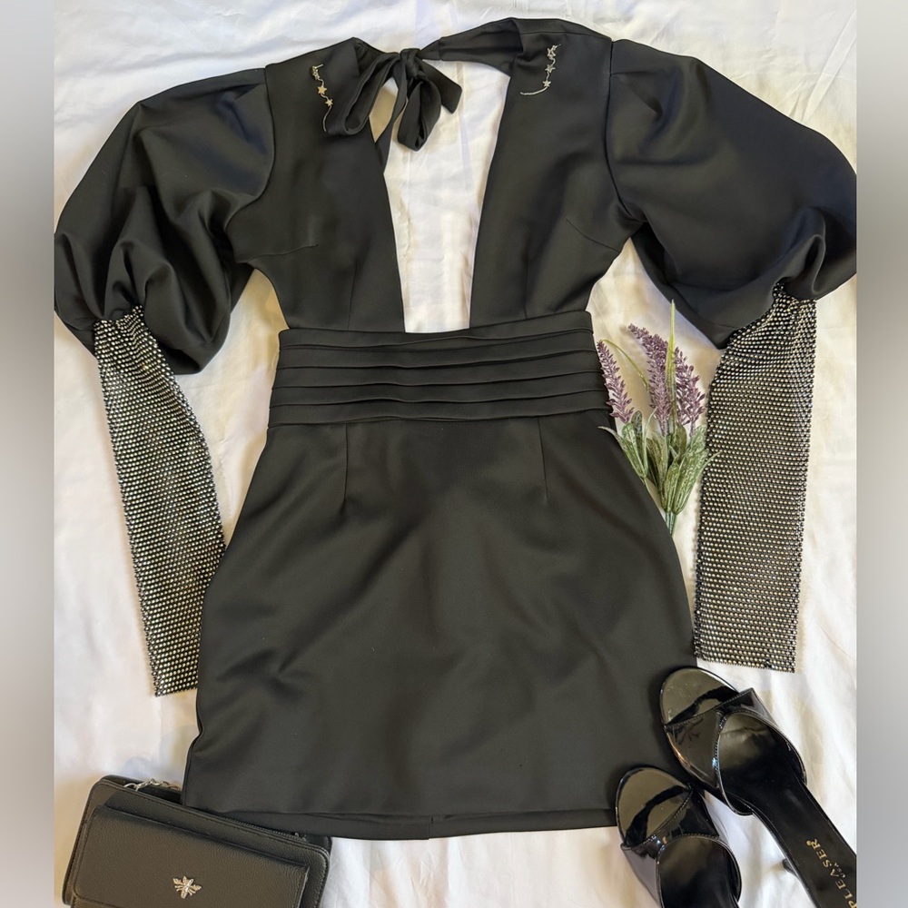 Fashion Nova Black Puff-Sleeve Mini Dress with Rhinestone Cuffs